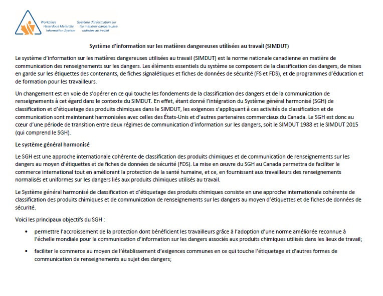 Système d’information sur les matières dangereuses utilisées au travail (SIMDUT) - French